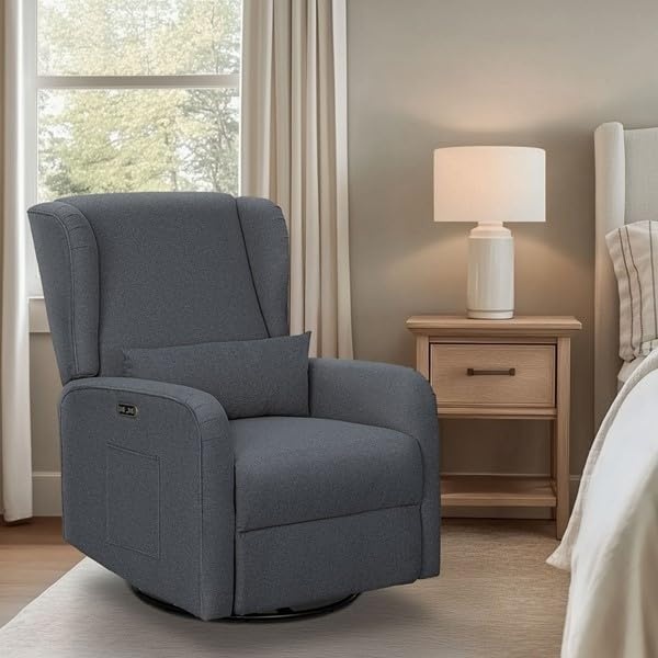 image:imageMadison Park Recliner amp Rocking Chair Glider Recliner Nursery Chair with Lumbar Pillow Swivel Rocker Recliner 3in1 Accent Chair with Side Pocket for Living Room Bedroom amp Small Spaces BlueGrey