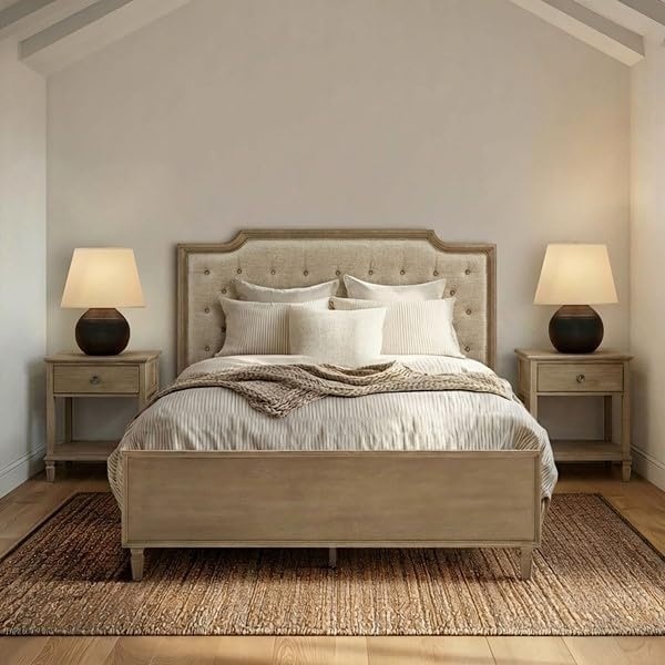 image:imageMadison Park Signature Queen Solid Wood Bed Frame with Upholstered Headboard Wood Slats Support No Box Spring Easy Assembly