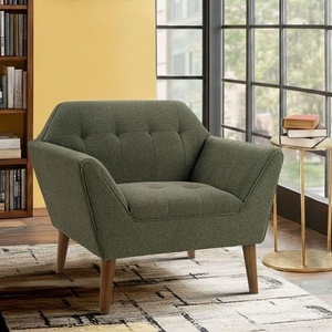 Ink+Ivy Newport Wide Mid-Century Modern Lounge Chair Hand-Tufted Velvet Upholstered Accent Armchair with Solid Wood Pecan Legs for Living Room Bedroom Reading(Green)