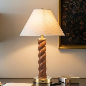Ink+Ivy Twisted Faux Wood Finish Table Lamp with White lampshade, Integrated USB-C Charging Port, One Type A Bulb is Included, for Bedroom, Nightstands, Living Room