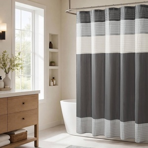 Madison Park Amherst Bathroom Shower Curtain Faux Silk Pieced Striped Modern Microfiber Bath Curtains, 72×72 Inches, Grey(Grey)