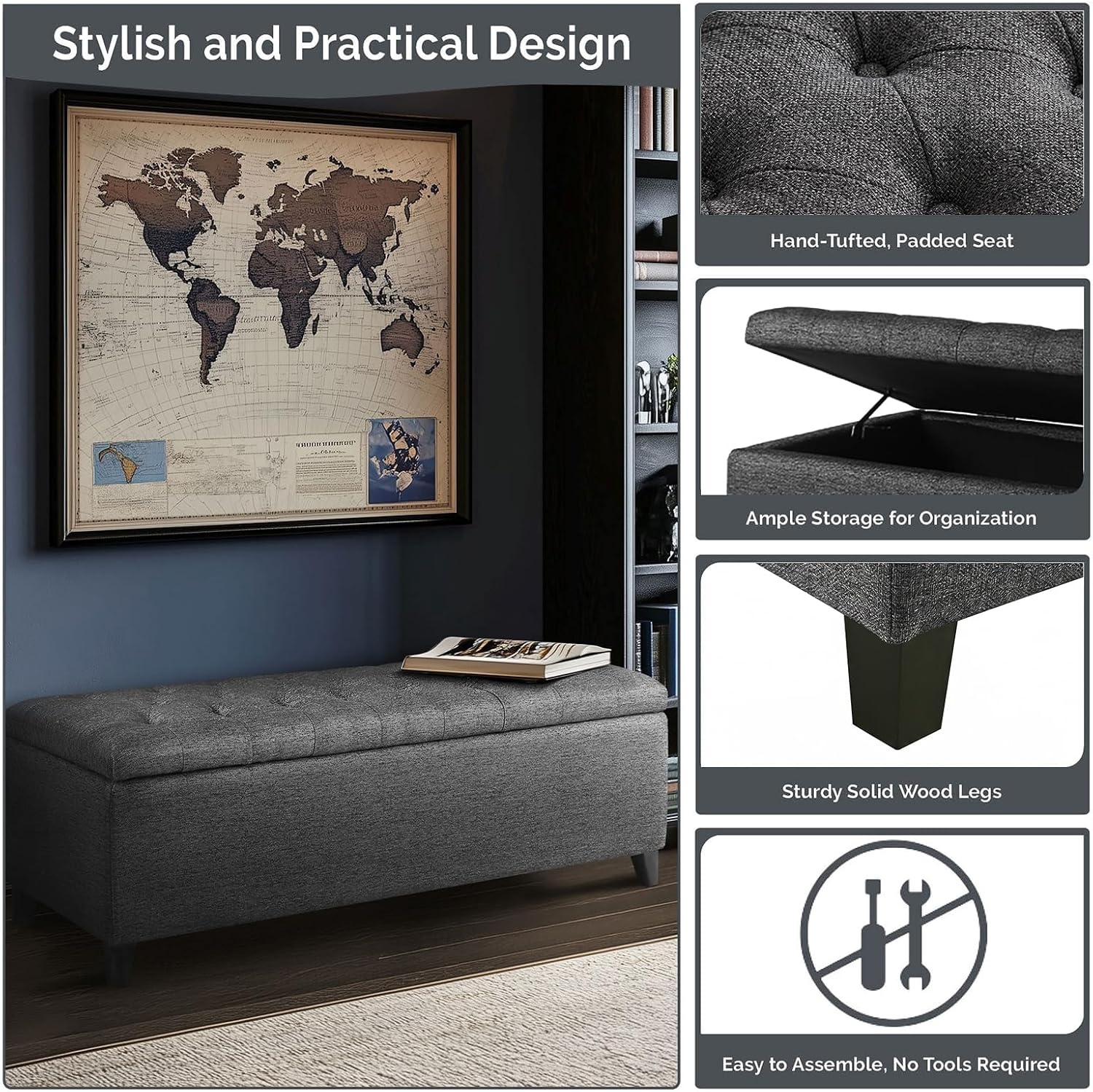 image:imageMadison Park 49 Upholstered Storage Bench Button Tufted End of Bed Bench with Storage Dual Spring SoftClose Lid Bedroom Bench for Queen King Bed Entryway Living Room NaturalCharcoal