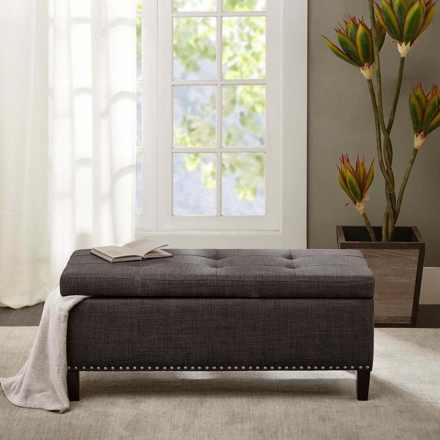 image:imageMadison Park 49 Upholstered Storage Bench Button Tufted End of Bed Bench with Storage Dual Spring SoftClose Lid Bedroom Bench for Queen King Bed Entryway Living Room NaturalCharcoal