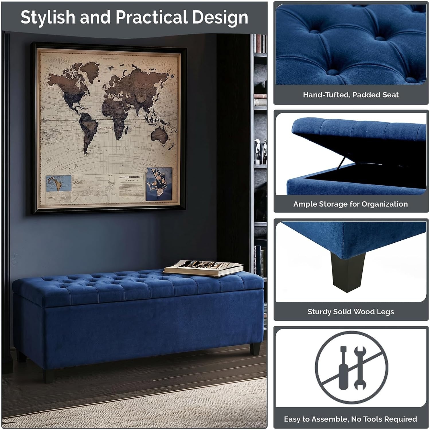 image:imageMadison Park 49 Upholstered Storage Bench Button Tufted End of Bed Bench with Storage Dual Spring SoftClose Lid Bedroom Bench for Queen King Bed Entryway Living Room NaturalNavy