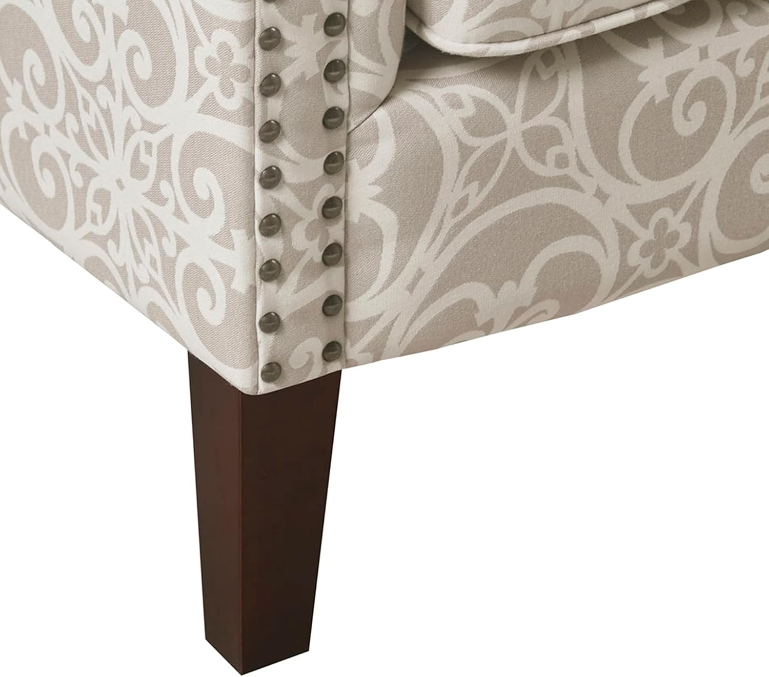 image:imageMadison Park Brooke Upholstered Accent Chair with Solid Wood Legs and Rolled Arms Nailhead Trim Tight Back Fretwork Print Chic Padded Cushion Seat Bedroom Lounge Comfy for Reading Natural