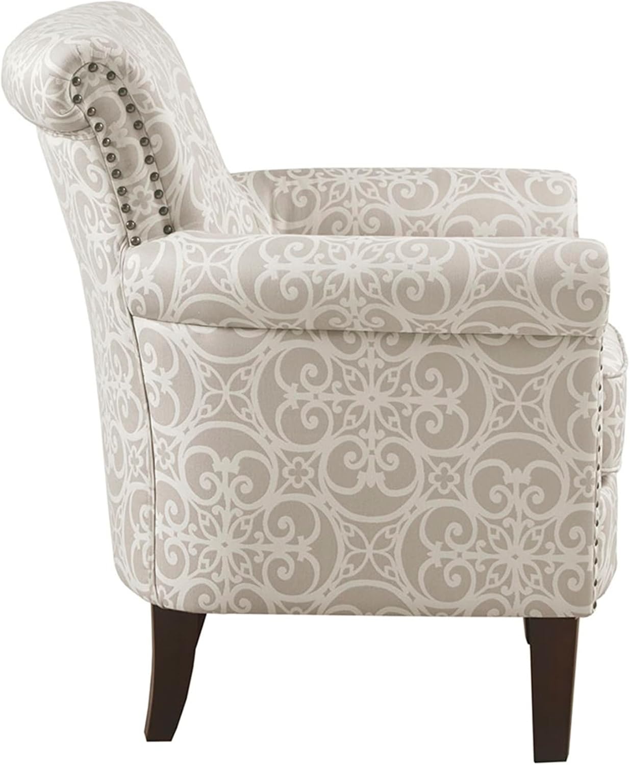image:imageMadison Park Brooke Upholstered Accent Chair with Solid Wood Legs and Rolled Arms Nailhead Trim Tight Back Fretwork Print Chic Padded Cushion Seat Bedroom Lounge Comfy for Reading Natural