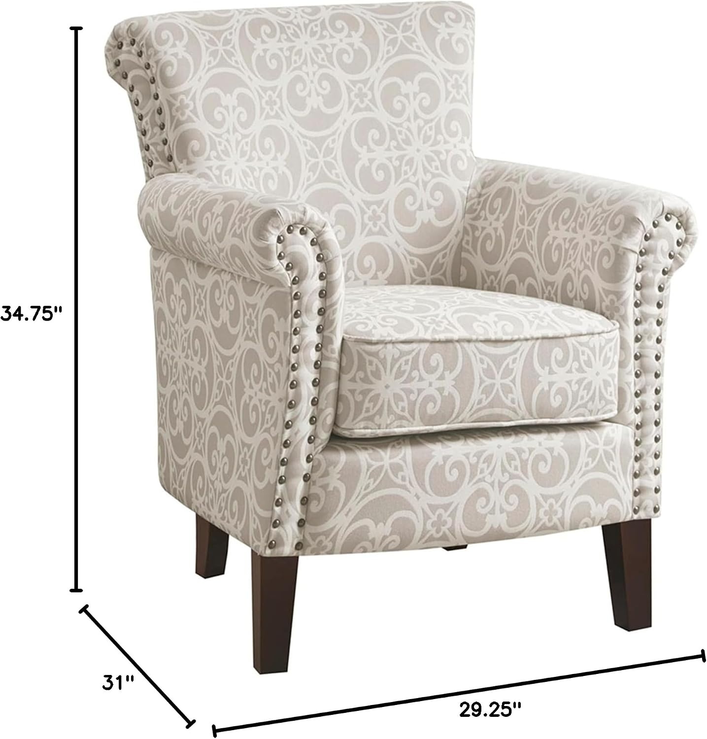 image:imageMadison Park Brooke Upholstered Accent Chair with Solid Wood Legs and Rolled Arms Nailhead Trim Tight Back Fretwork Print Chic Padded Cushion Seat Bedroom Lounge Comfy for Reading Natural