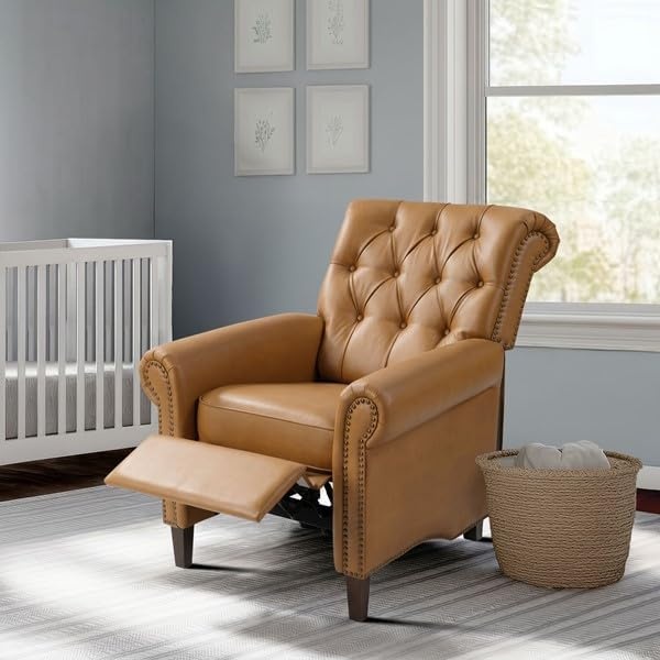 image:imageMadison Park Manual Push Back Recliner Chair Upholstered Accent Armchair with Nailhead Trim Reading Lounge Chair for Small Spaces Faux Leather ButtonTufted Solid Wood Legs and Footrest Brown