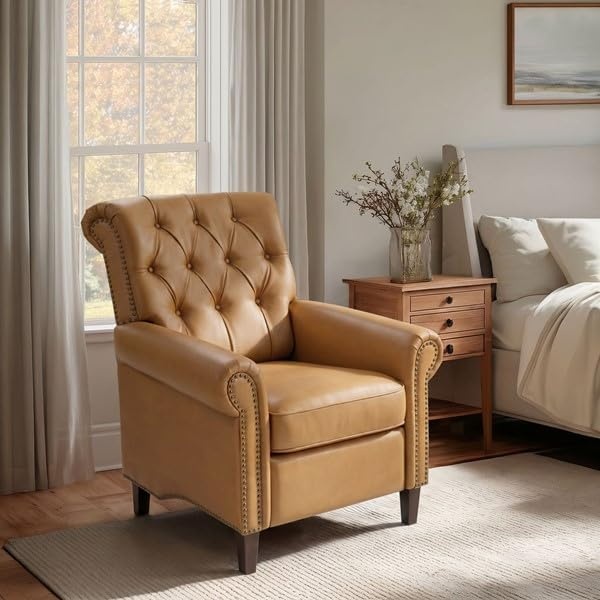image:imageMadison Park Manual Push Back Recliner Chair Upholstered Accent Armchair with Nailhead Trim Reading Lounge Chair for Small Spaces Faux Leather ButtonTufted Solid Wood Legs and Footrest Brown