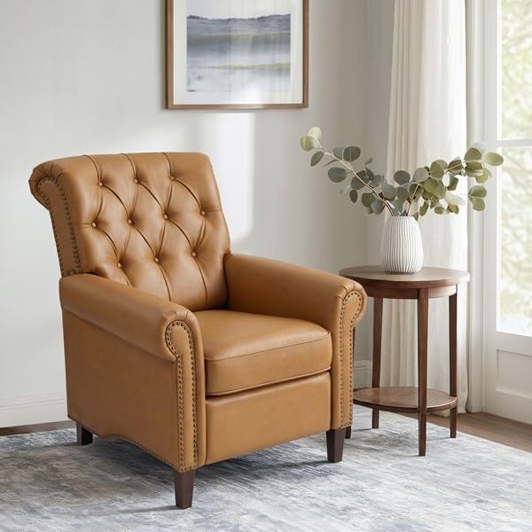 image:imageMadison Park Manual Push Back Recliner Chair Upholstered Accent Armchair with Nailhead Trim Reading Lounge Chair for Small Spaces Faux Leather ButtonTufted Solid Wood Legs and Footrest Brown