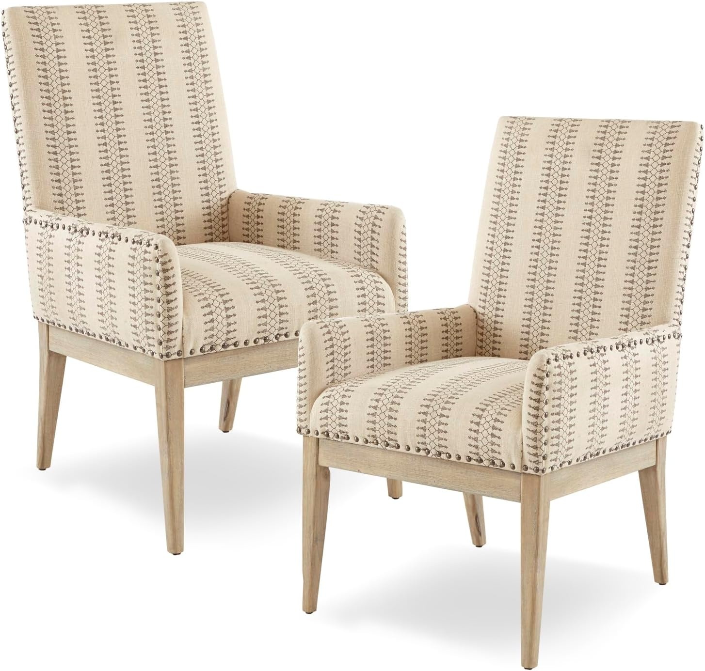 image:imageMadison Park Rika Dining Arm Chair Set of 2 Upholstered HighBack Farmhouse Chairs with Track Arms Bronze Nailhead Trim Solid Wood Legs Natural