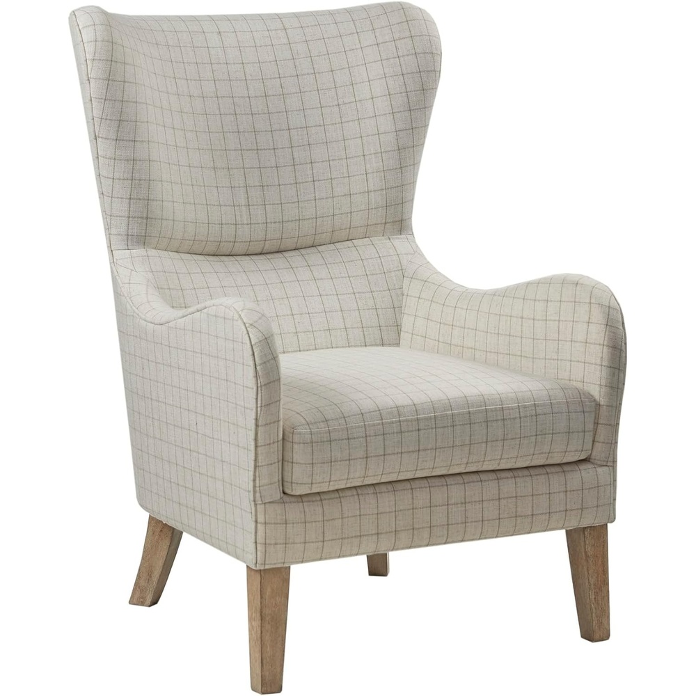image:imageMadison Park Arianna Upholstered High Wingback Accent Chair with Solid Wood Legs and Rounded Arms Pipped Chic Transitional Plaid Fabric Padded Cushion Seat Bedroom Lounge Comfy for Reading LinenLinen