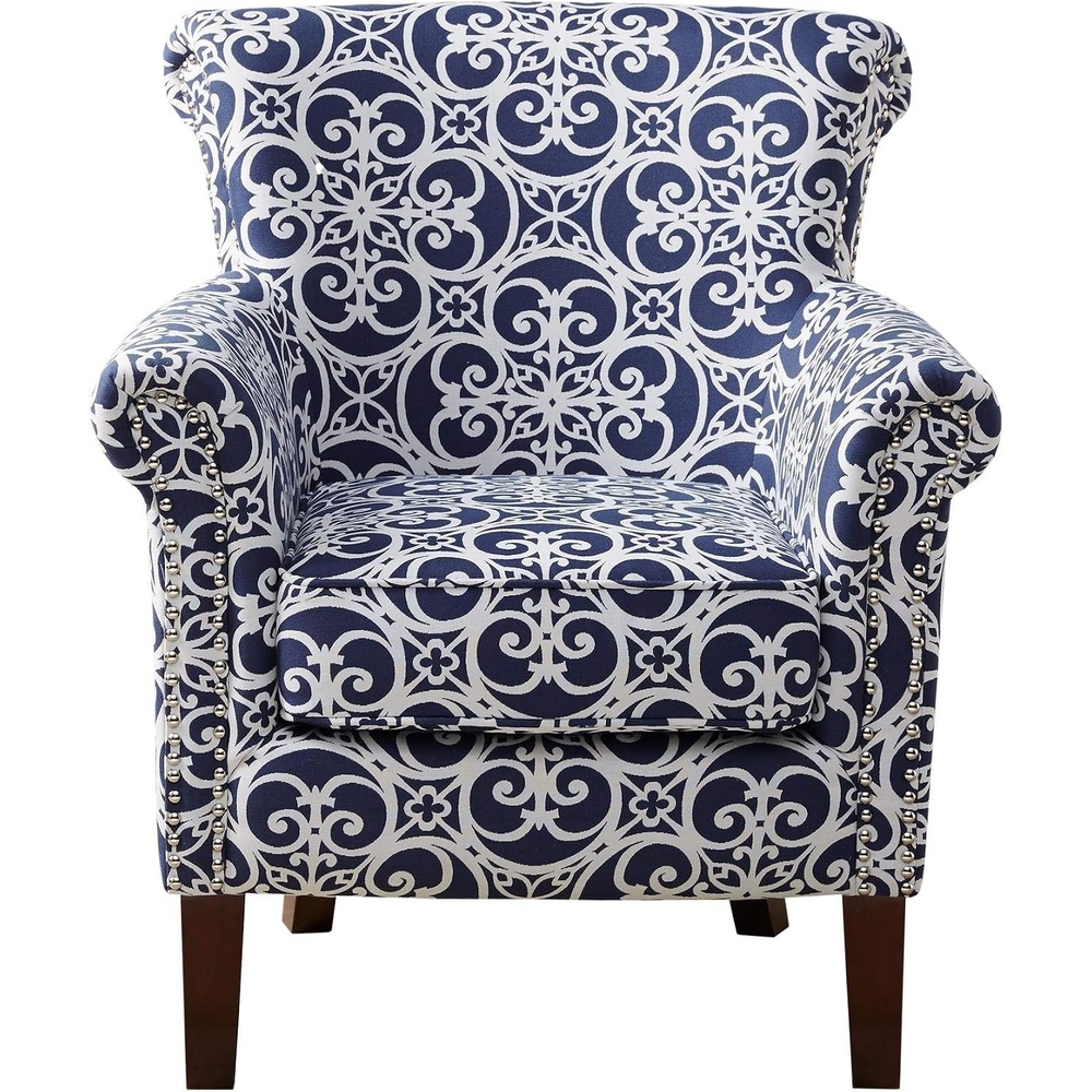 image:imageMadison Park Brooke Upholstered Accent Chair with Solid Wood Legs and Rolled Arms Nailhead Trim Tight Back Fretwork Print Chic Padded Cushion Seat Bedroom Lounge Comfy for Reading 2925 W Navy