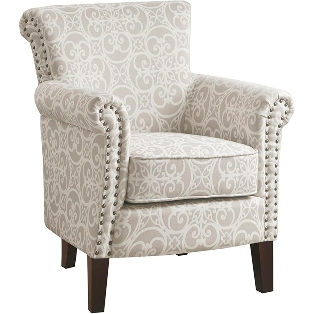 image:imageMadison Park Brooke Upholstered Accent Chair with Solid Wood Legs and Rolled Arms Nailhead Trim Tight Back Fretwork Print Chic Padded Cushion Seat Bedroom Lounge Comfy for Reading Natural