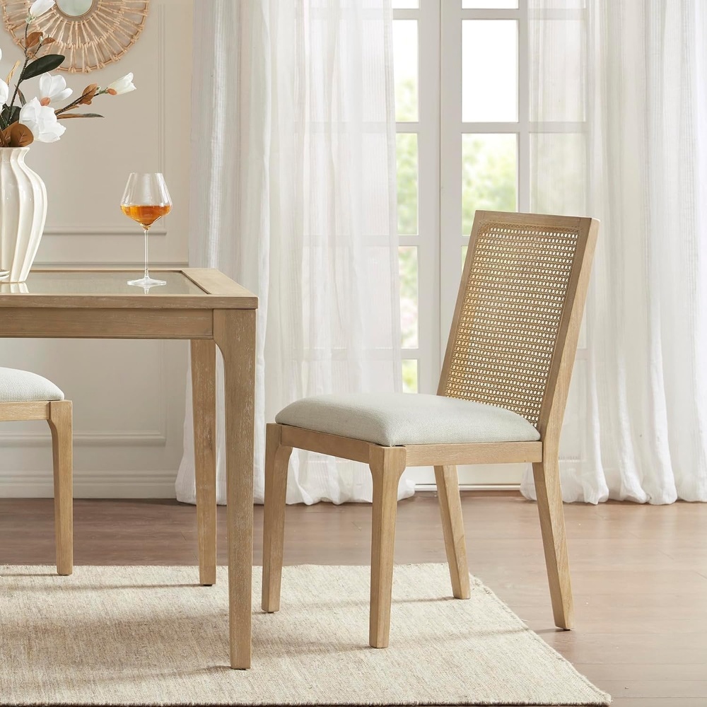 image:imageMadison Park Canteberry Dining Chair Set of 2 Solid Wood Frame with Synthetic Cane Back Upholstered Seat Farmhouse Dining Chairs with Attached Cushion Reclaimed Wheat Finish Easy Assembly