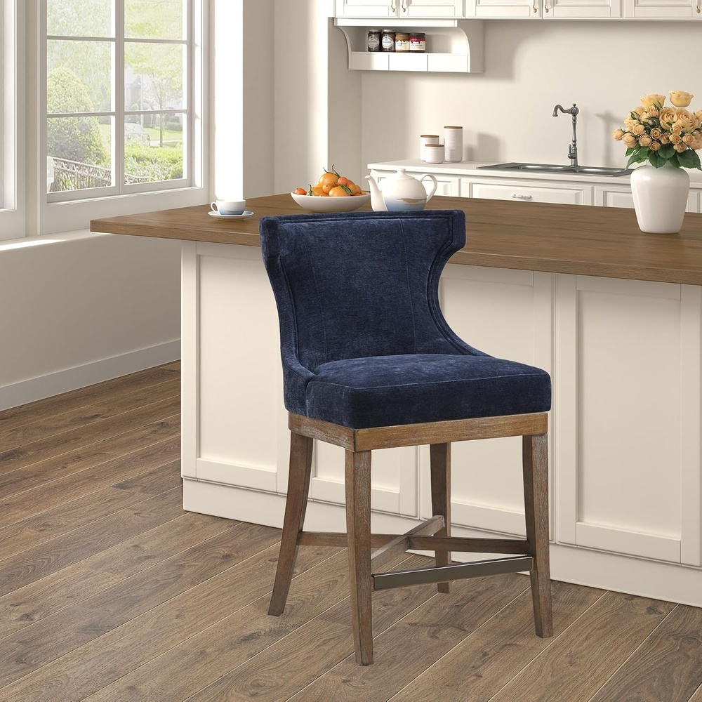 image:imageMadison Park Carson Swivel Counter Stool Upholstered Wingback CounterHeight Chair with 360 Swivel Seat Bronze Kick Plate Solid Wood Legs Reclaimed Grey Finish NavyNavy