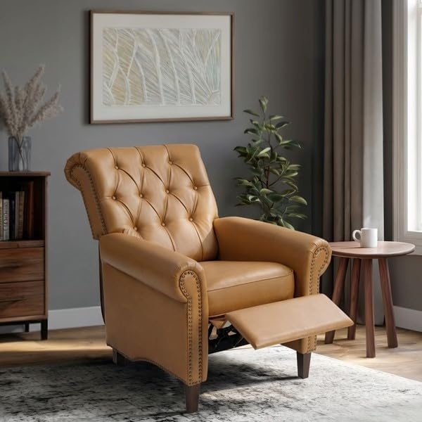 image:imageMadison Park Manual Push Back Recliner Chair Upholstered Accent Armchair with Nailhead Trim Reading Lounge Chair for Small Spaces Faux Leather ButtonTufted Solid Wood Legs and Footrest Brown