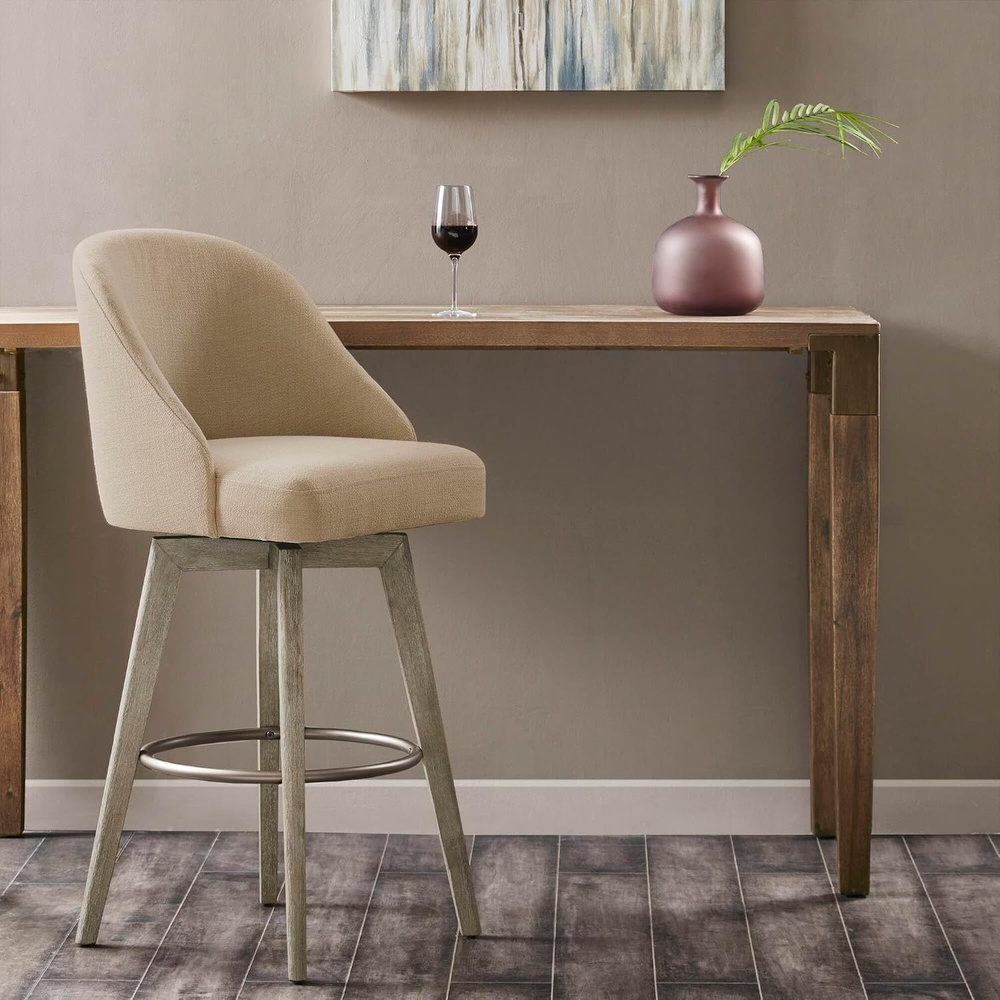 image:imageMadison Park Pearce Swivel Counter Stool 360 Swivel Upholstered Armless CounterHeight Stool with Padded Back Solid Wood Legs with WireBrushed Finish Metal Footrest LinenBlend Fabric GreySand
