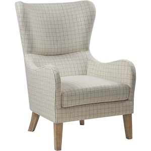 Madison Park Arianna Upholstered High Wingback Accent Chair with Solid Wood Legs and Rounded Arms, Pipped, Chic Transitional, Plaid Fabric Padded Cushion Seat Bedroom Lounge Comfy for Reading, Linen(Linen)
