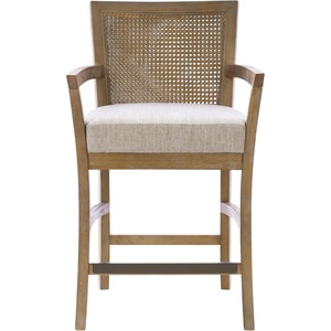 Madison Park Bar Stool with Rattan Back, Wood Counter Height Barstools, Farmhouse Stools with Open Arm Design, Mid-Century Modern Upholstered Bar Chair for Kitchen Island, 25.5″ H
