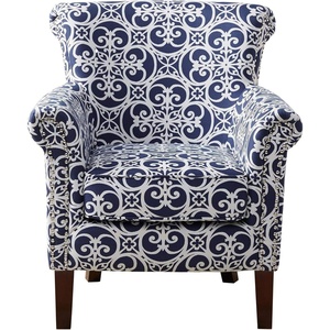 Madison Park Brooke Upholstered Accent Chair with Solid Wood Legs and Rolled Arms, Nailhead Trim, Tight Back, Fretwork Print, Chic Padded Cushion Seat Bedroom Lounge Comfy for Reading, 29.25″ W, Navy