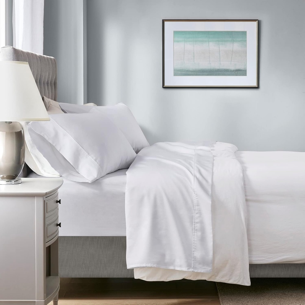 image:imageBeautyrest 1000 Thread Count Solid Color Sheet Set Elastic Deep Pocket All Season Breathable HeiQ Smart Temperature Soft Cotton Blend Bedding Matching Pillowcase Full Seafoam 4 PieceWhite