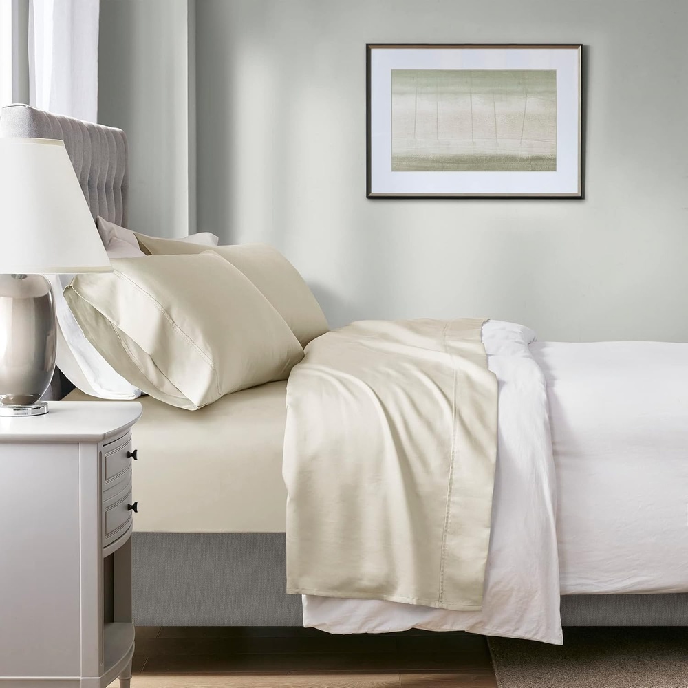 image:imageBeautyrest 1000 Thread Count Solid Color Sheet Set Elastic Deep Pocket All Season Breathable HeiQ Smart Temperature Soft Cotton Blend Bedding Matching Pillowcase Full Seafoam 4 PieceIvory