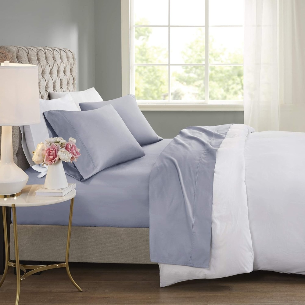 image:imageMadison Park 600 TC Cooling Cotton Blend Solid Bed Sheet Set with 16 Inch Deep Pocket All Season Soft BeddingSet Matching Pillow Case Full Blue 4 PieceBlue