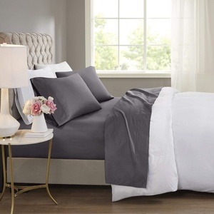Madison Park 600 TC Cooling Cotton Blend Solid Bed Sheet Set with 16 Inch Deep Pocket, All Season, Soft Bedding-Set, Matching Pillow Case, Full, Blue, 4 Piece(Charcoal)