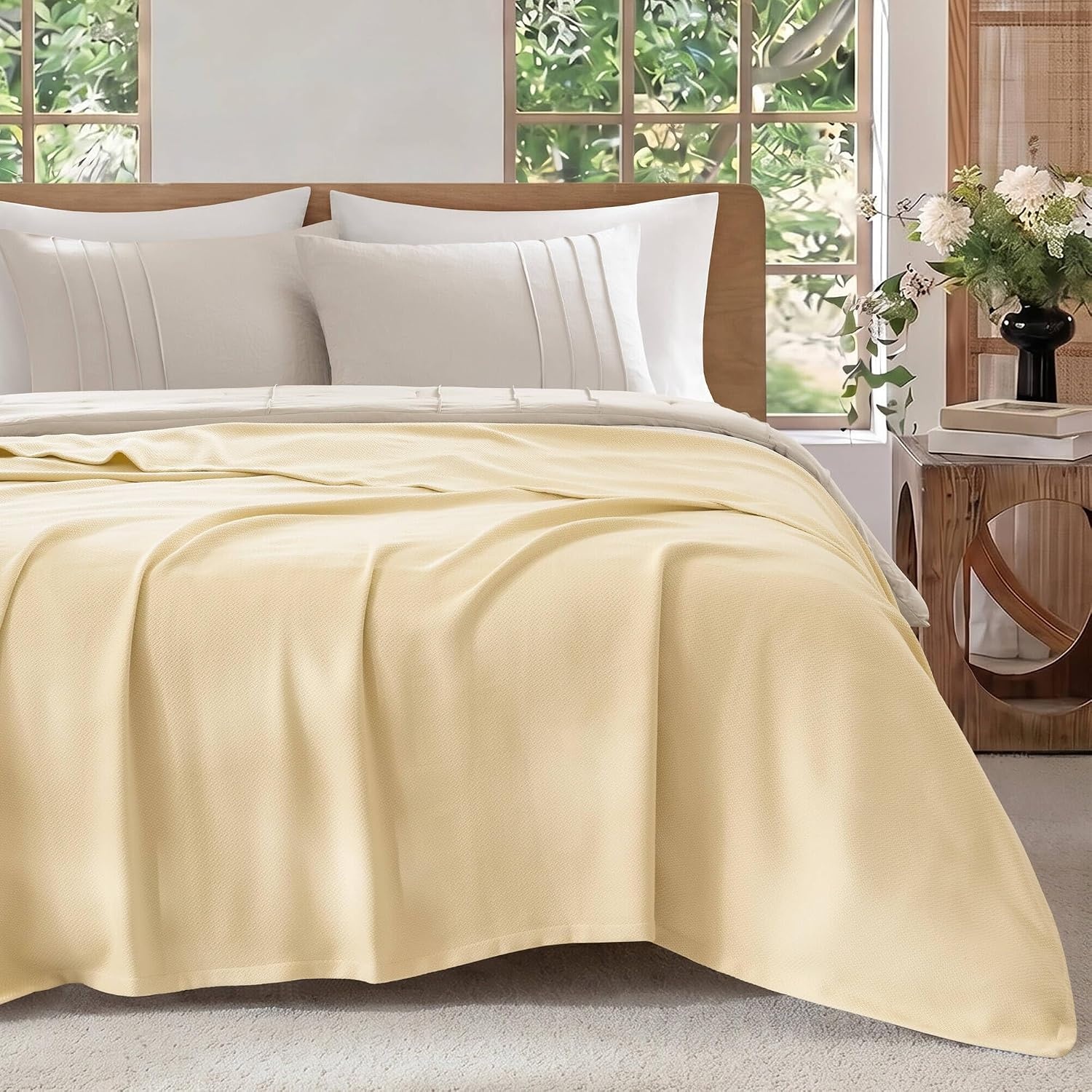 image:imageMadison Park 100 Egyptian Cotton Summer Blanket Full Queen Size Yellow Cozy Soft Breathable Durable Micro Herringbone Weave Casual Lightweight Knit All Season Throw for Bed Couch Sofa OEKO TEXMicroherringbone Yellow