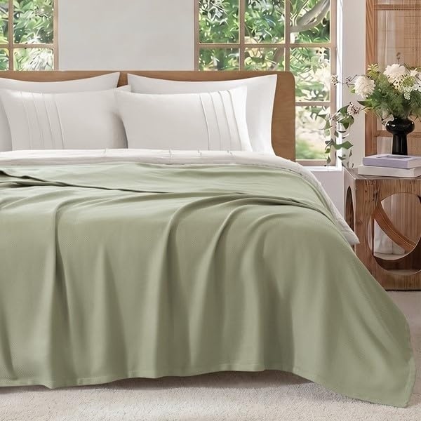 image:imageMadison Park 100 Egyptian Cotton Summer Blanket Full Queen Size Yellow  Cozy Soft Breathable Durable Micro Herringbone Weave Casual Lightweight Knit All Season Throw for Bed Couch Sofa OEKO TEXMicroherringbone Green