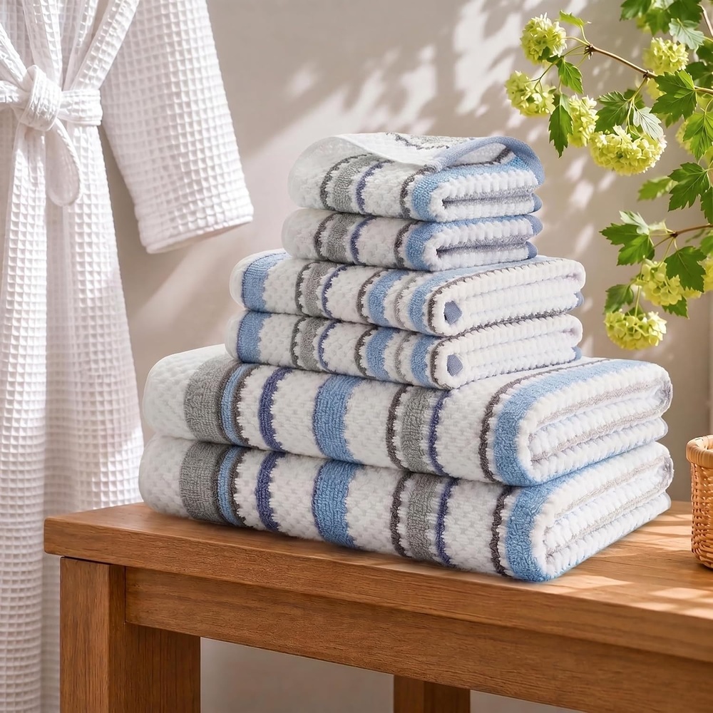 image:imageMadison Park Sutton Stripe 6 Piece Cotton Bath Towel Set Soft Clay  550 GSM Cotton Tonal Stripe Jacquard Quick Dry Absorbent Guest Bathroom Beach Essentials Housewarming Wedding GiftBlue