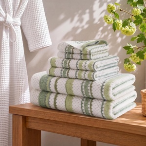 Madison Park Sutton Stripe 6 Piece Cotton Bath Towel Set, Soft Clay | 550 GSM Cotton, Tonal Stripe Jacquard, Quick Dry Absorbent Guest Bathroom Beach Essentials, Housewarming Wedding Gift(Green)