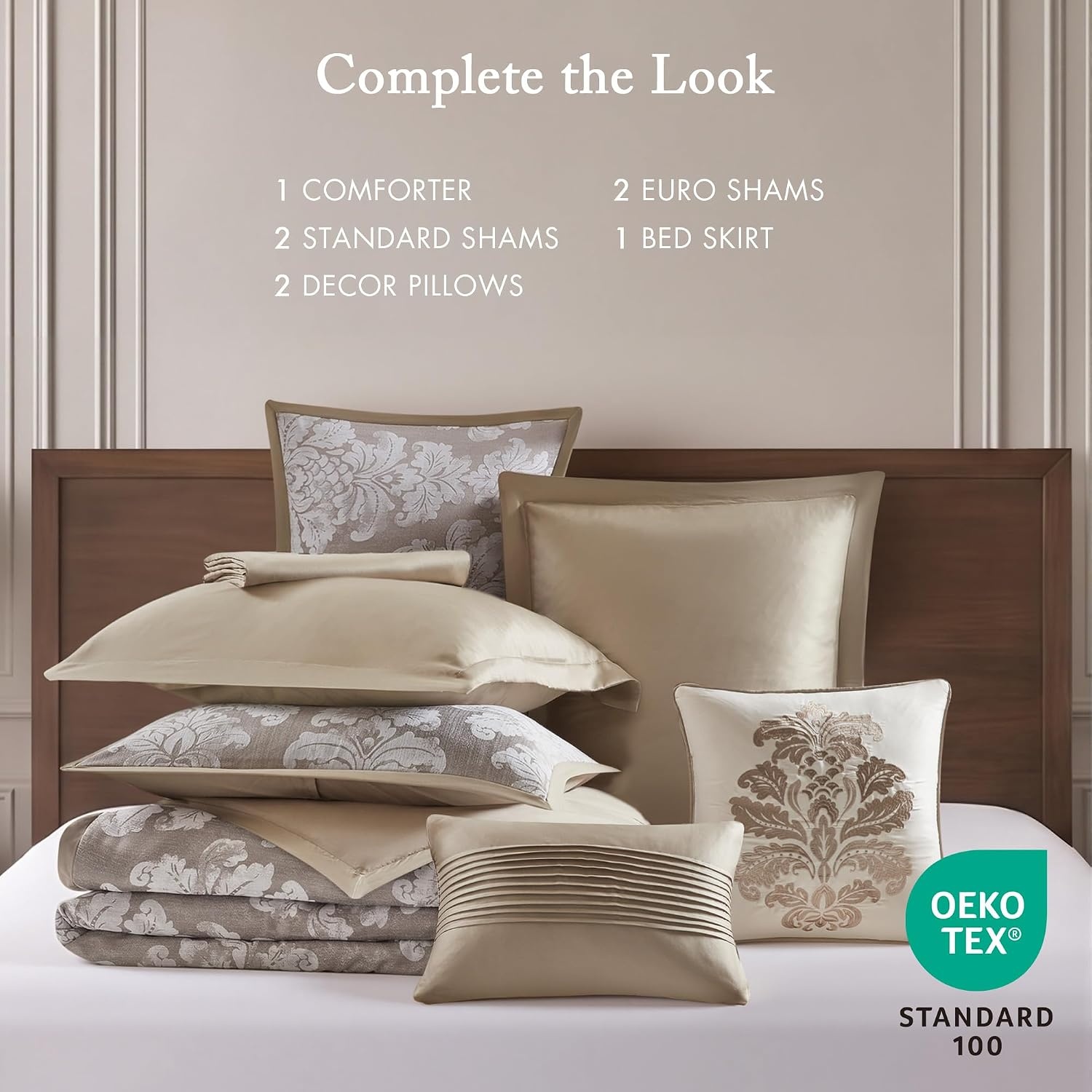 image:imageMadison Park Chenille Jacquard Damask Queen Comforter Set Teal 8pcTan