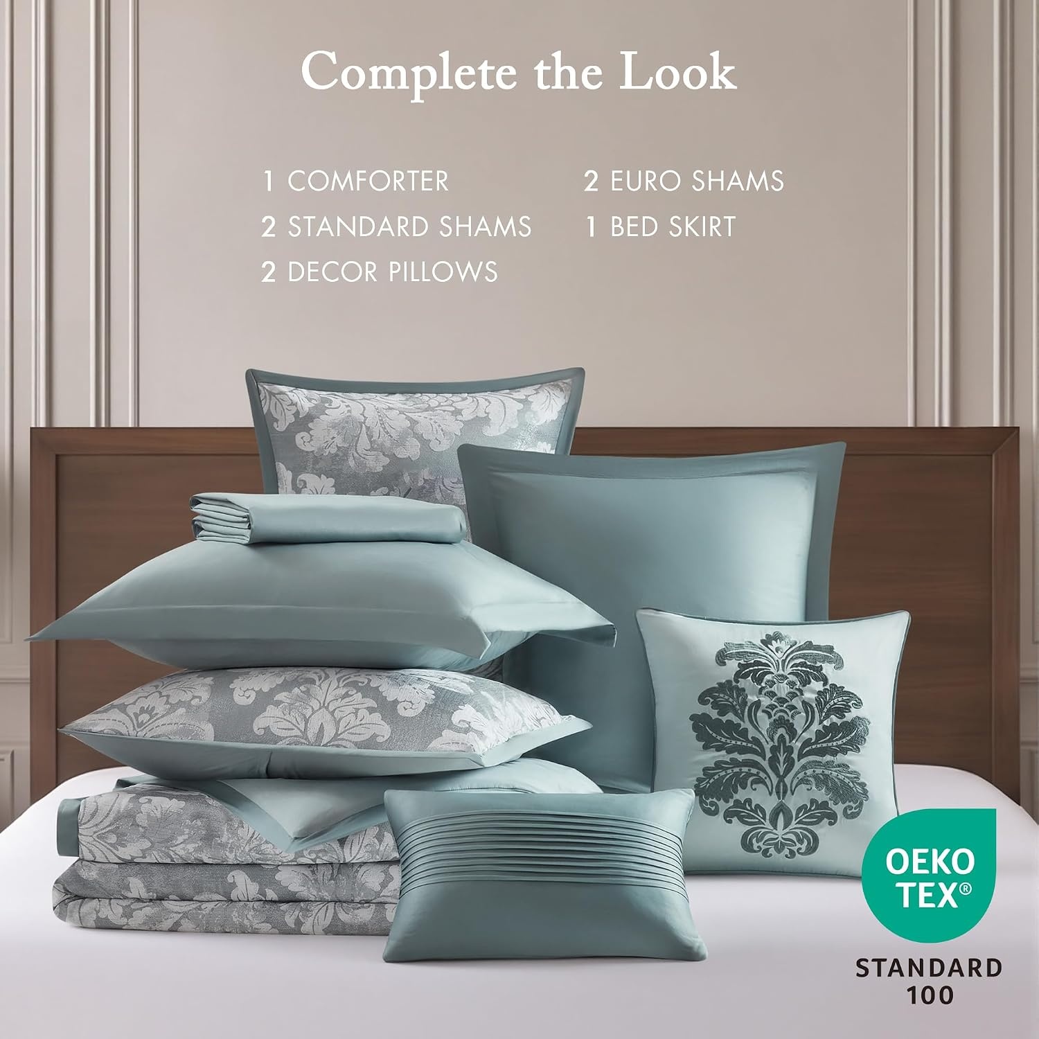 image:imageMadison Park Chenille Jacquard Damask Queen Comforter Set Teal 8pcTeal