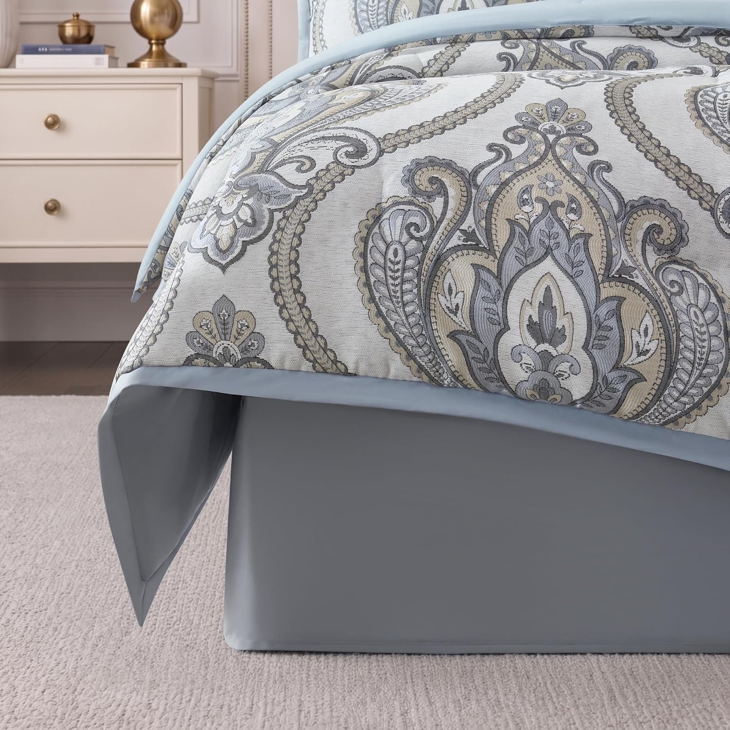 image:imageMadison Park Jacquard Damask Blue Queen Comforter Set wBedskirt 8pcBlue