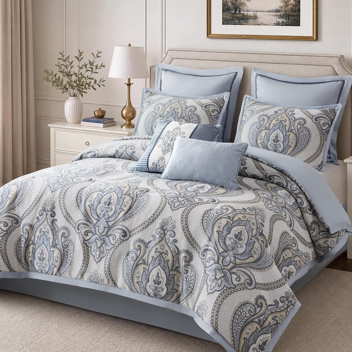 image:imageMadison Park Jacquard Damask Blue Queen Comforter Set wBedskirt 8pcBlue