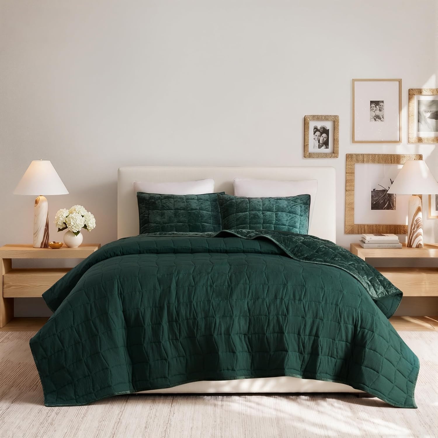 image:imageMadison Park Velvet Quilt Set WaterWashed Softness FullQueen GreenGreen