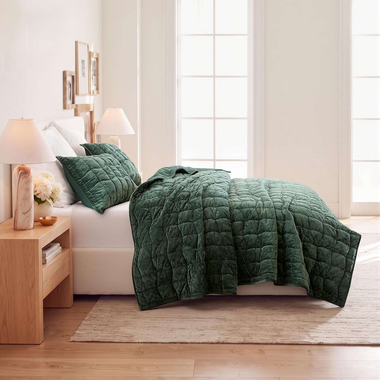 image:imageMadison Park Velvet Quilt Set WaterWashed Softness FullQueen GreenGreen