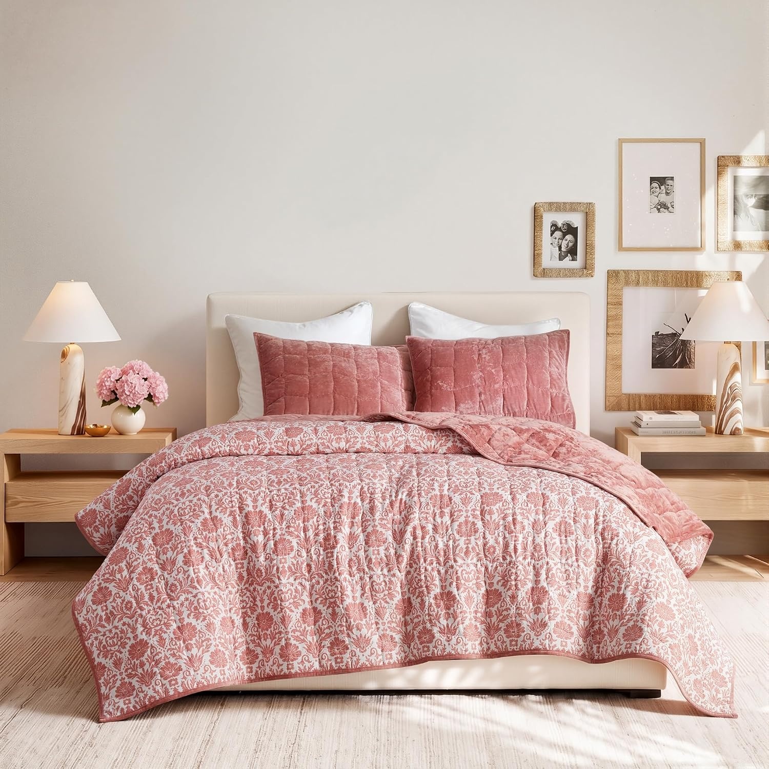 image:imageMadison Park Velvet Quilt Set WaterWashed Softness FullQueen GreenPink