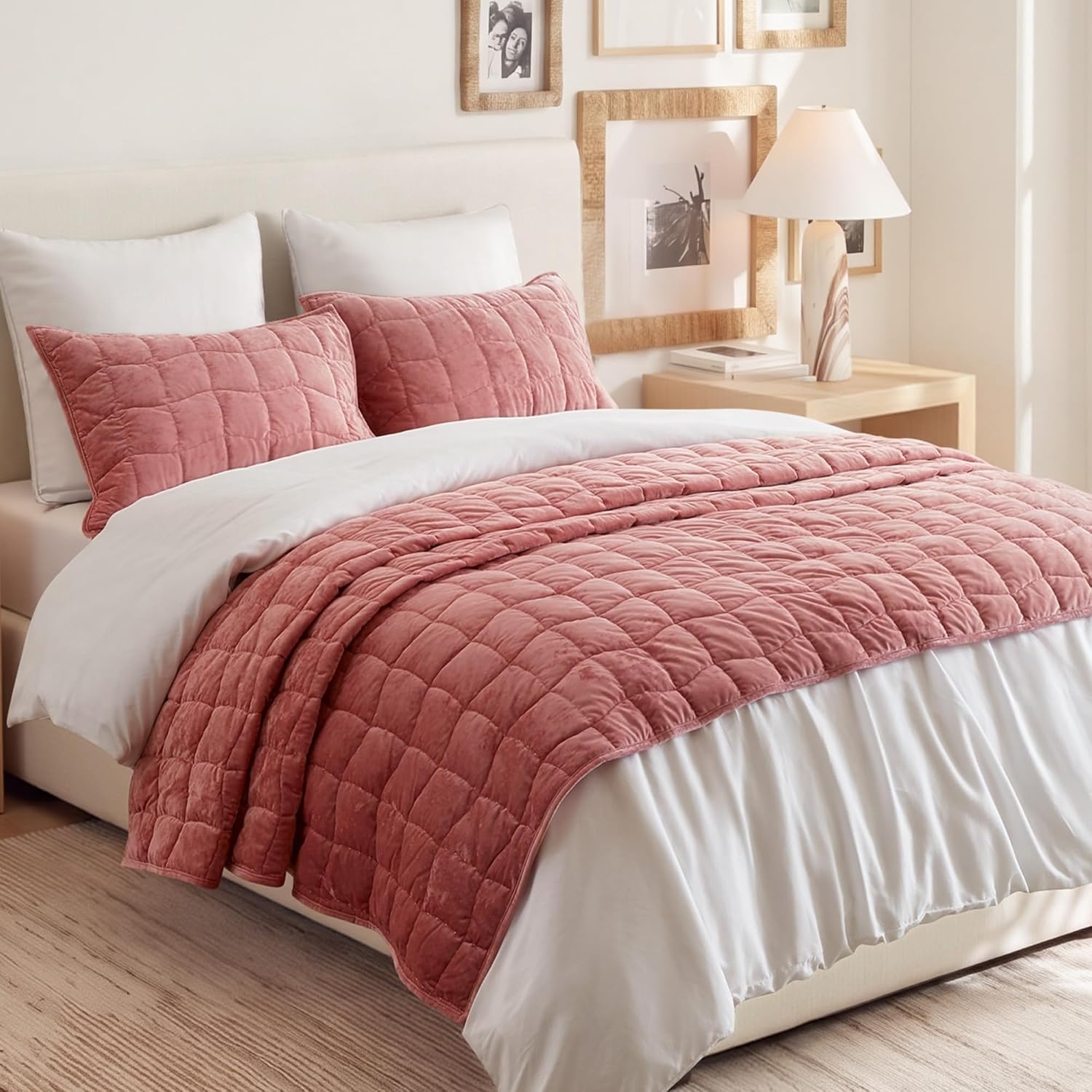 image:imageMadison Park Velvet Quilt Set WaterWashed Softness FullQueen GreenPink