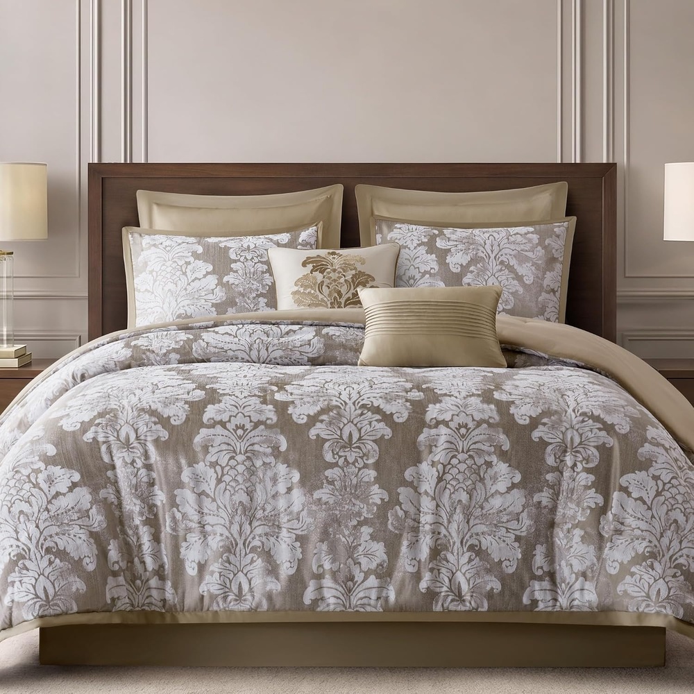 image:imageMadison Park Chenille Jacquard Damask Queen Comforter Set Teal 8pcTan