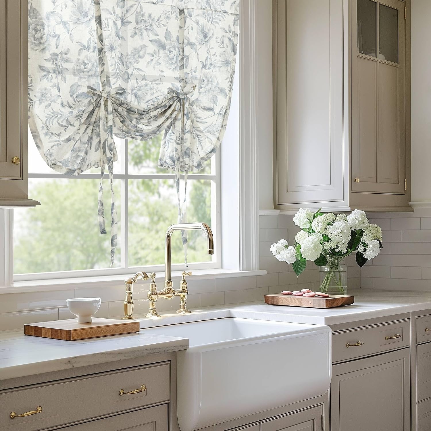 image:imageMadison Park Floral Kitchen Tier Curtains 26x24 in Neutral 2Piece LanaBlue