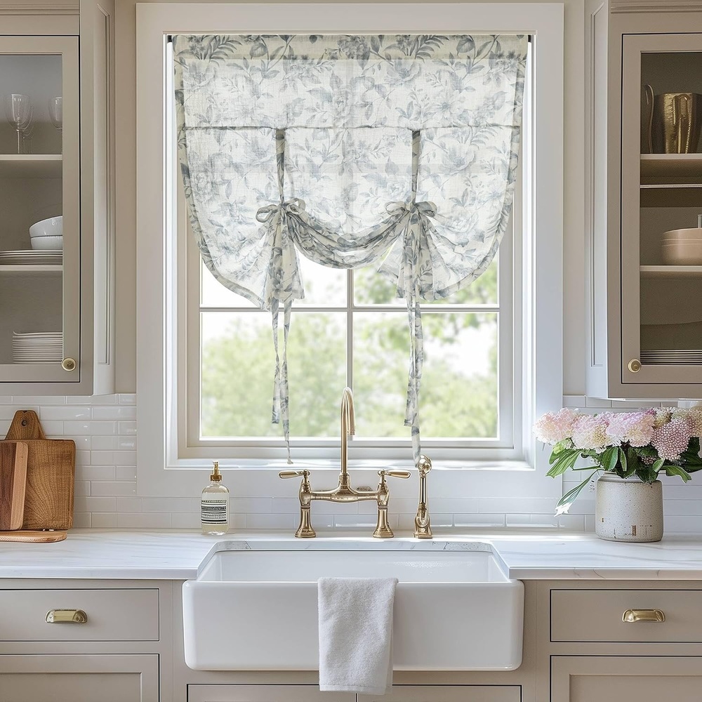 image:imageMadison Park Floral Kitchen Tier Curtains 26x24 in Neutral 2Piece LanaBlue