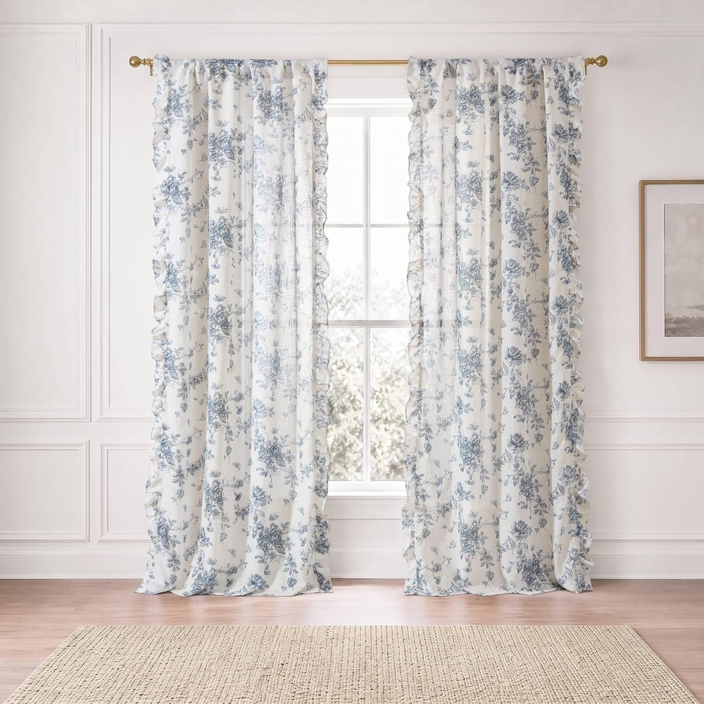 image:imageMadison Park Floral Ruffle Curtain 42 W x 84 L Blue 2 Panel SetBlue
