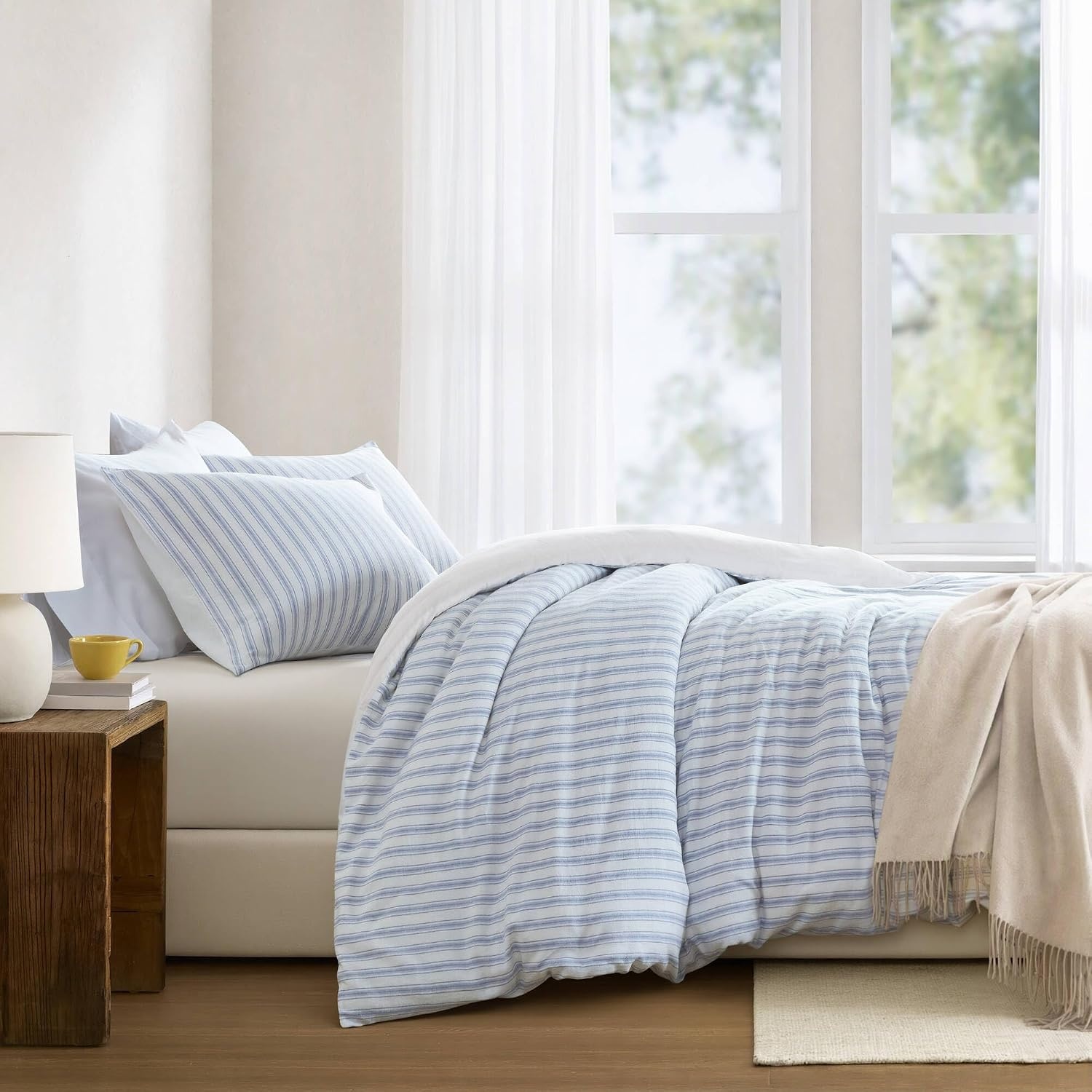 image:imageMadison Park Sage Green Striped Duvet Cover Set Queen Linen Cotton RayonBlue