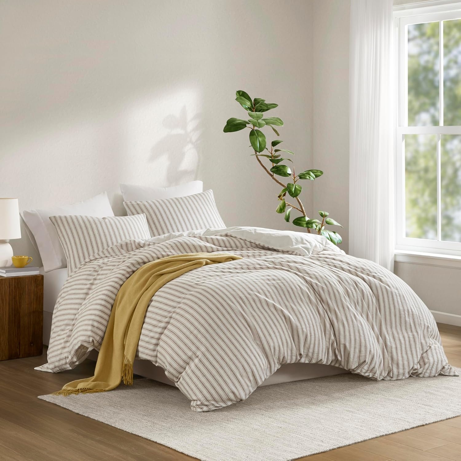 image:imageMadison Park Sage Green Striped Duvet Cover Set Queen Linen Cotton RayonTan