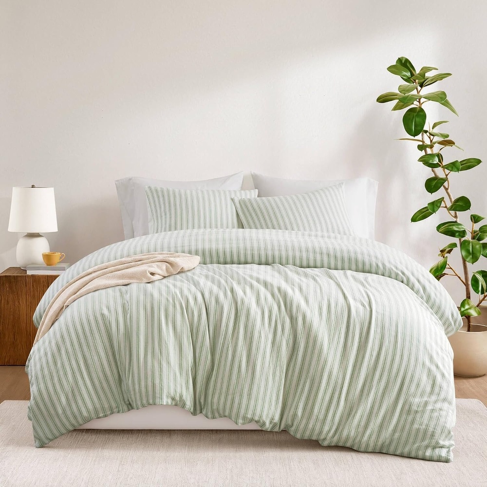 image:imageMadison Park Sage Green Striped Duvet Cover Set Queen Linen Cotton RayonSage Green